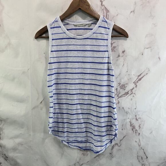 Athleta Tank Top Womens XXS Blue Gray Striped Polyester Linen Blend Crew Neck - Picture 1 of 14